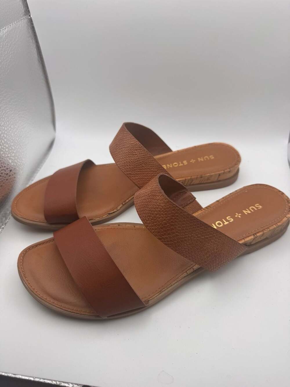 Sun + Stone Women's Easten Brown Two-Strap Slide Sandals Size 6.5